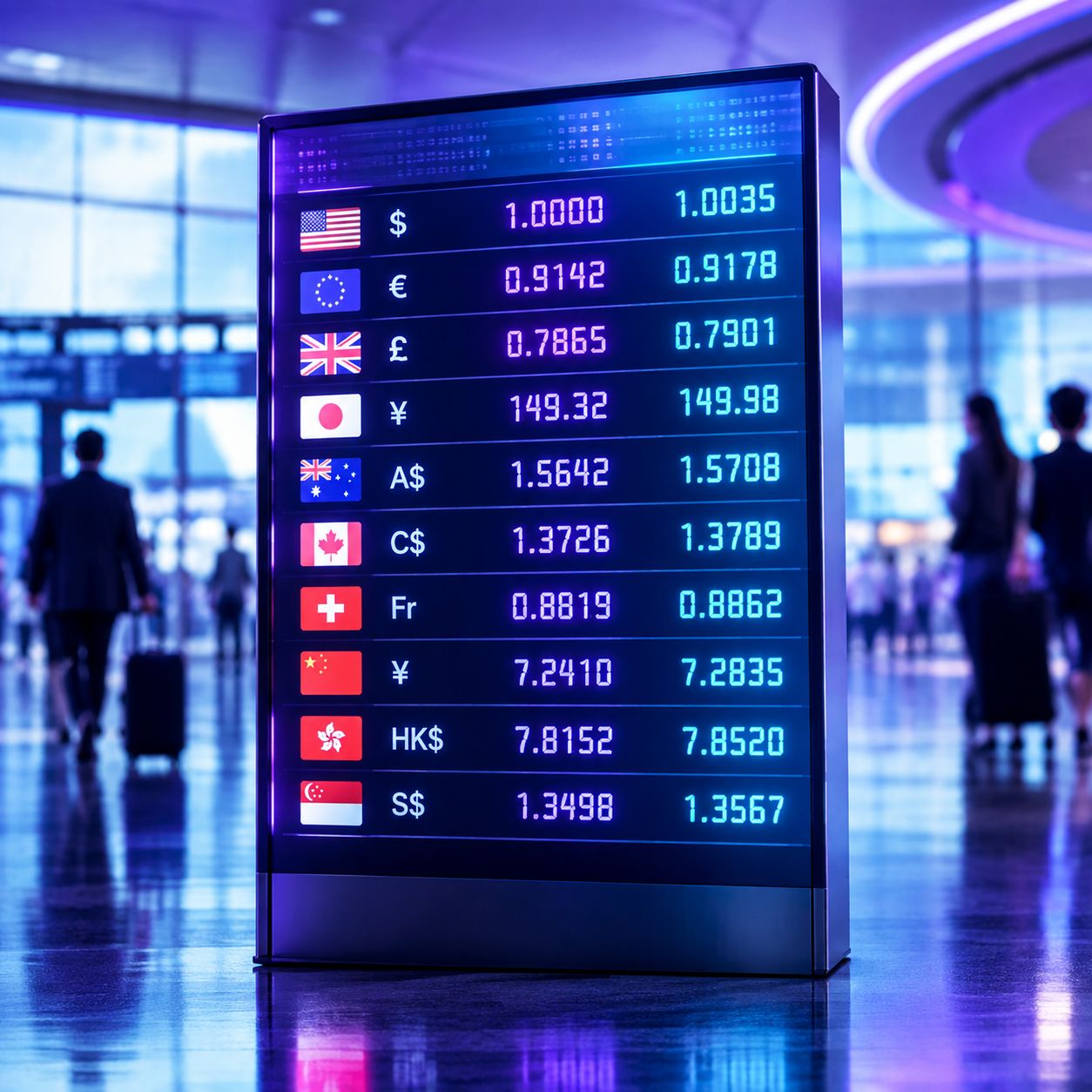 Airport style currency exchange rate board with abstract digits and blurred figures