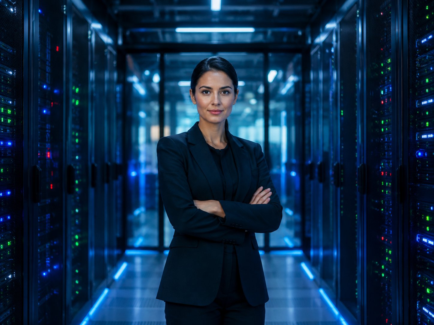 Modern secure data center corridor with blue lights